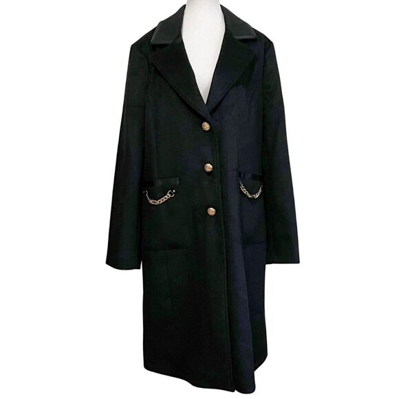 NWT KARL LAGERFELD WOMEN'S BLACK WOOL BLEND GOLDEN CHAIN TRENCH COAT- XL - Picture 1 of 16